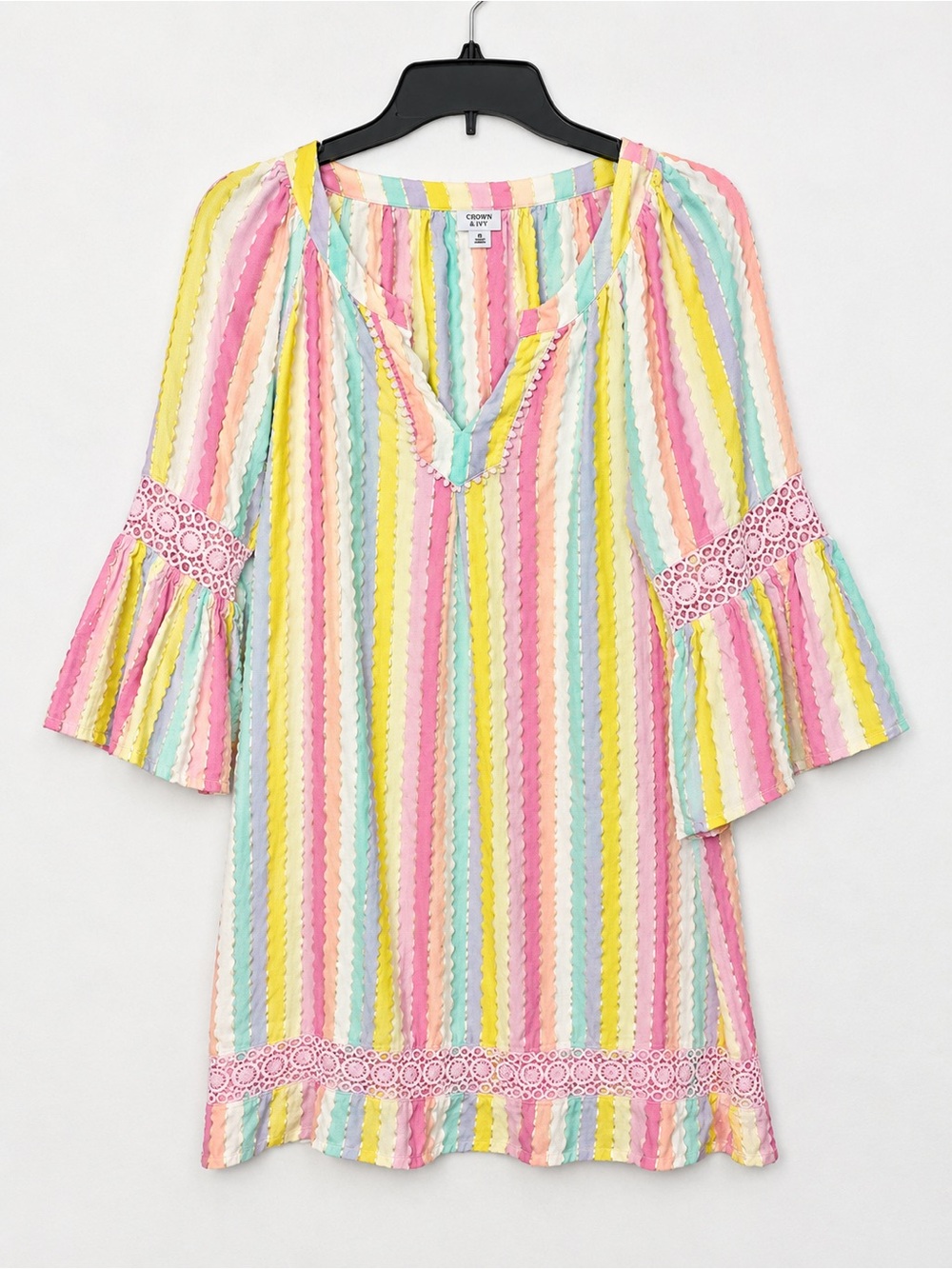 Crown & Ivy Women’s XL Pastel Striped Bell Sleeve Tunic Dress Crochet Trim